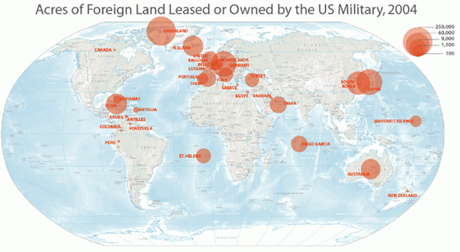 Ettari di terreno di proprietà da parte dei militari degli Stati Uniti: l'America è in tutti i continenti salva Sud America.