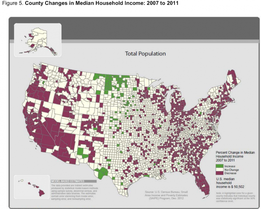 Variazione del reddito medio familiare dal 2007: Gli utili sono concentrate nel scisto e la fattoria regioni ricche