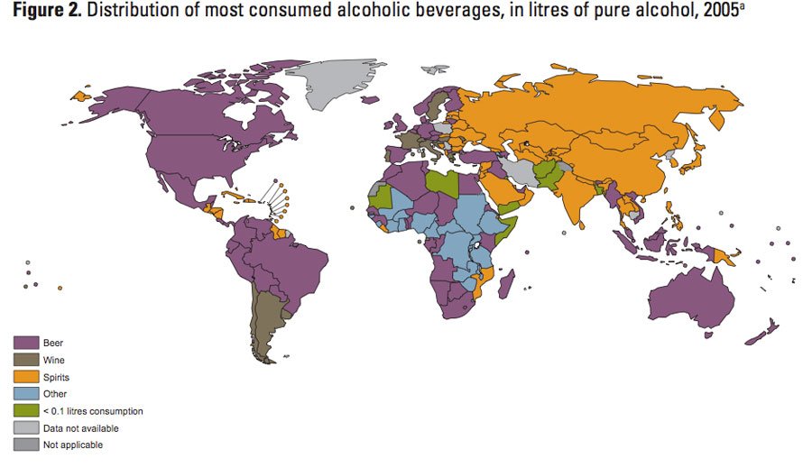 Bere popolarità per paese: la birra in Occidente, gli spiriti in Oriente.