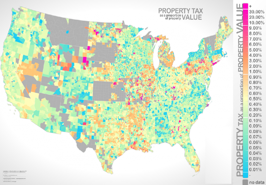 Proprietà carico fiscale (percentuale del valore dei terreni alle imposte): Midwest e residenti di Long Island stanno soffrendo.