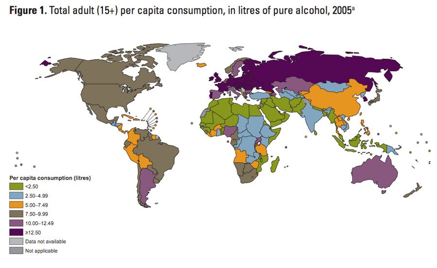 Il consumo totale di alcol: la Russia è mani-down vincitore, anche se l'Australia non è molto indietro.